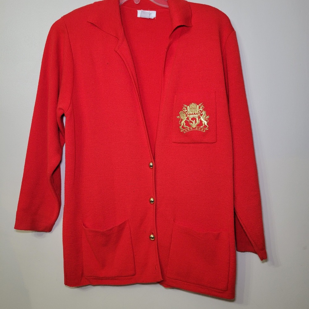 Vintage Bleyle Red Knit Longline Cardigan Gold Button Crested Blazer Jacket